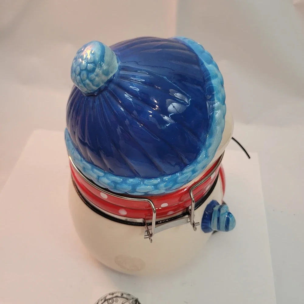 ConAgra Foods‎ Snowman Ceramic Cookie Jar Canister Blue Hat Red Scarf Hinge Lid
